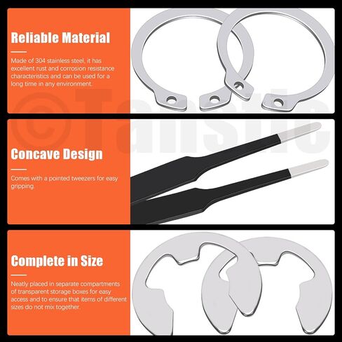 Tanstic 310Pcs C-clip External Retaining Rings Snap Rings Assortment Kit(M4-M28) + E-Clip E Clip Assortment(1.5mm-10mm) with Snap Ring Pliers and Tweezers in Kuwait