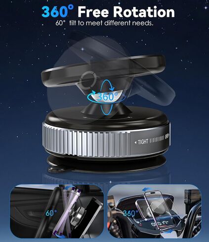 CloudValley 360° Adjustable Magnetic Car Phone Holder with Rotating Suction Cup,[Magsafe Compatible] Car Phone Mount for iPhone & Android, Strong Vacuum Suction for Dashboard & Windshield,Black in Saudi Arabia