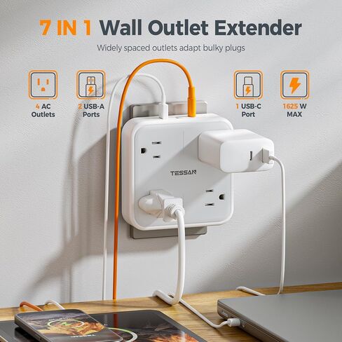 TESSAN Multi Plug Outlet Extender, Surge Protector Outlet 3 USB (1 USB C) | Wall Charger, Multiple Outlet Wall Plug, USB Outlet Splitter for Home, Bathroom, Office, Dorm Room Essentials, Gray in Kuwait