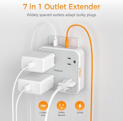Multi Pluct Outlet Extender ، Tessan Surge Protector Splitter مع 3 USB (1 USB C Port) شاحن الحائط ، موسعات متعددة للسفر ، المنزل ، غرفة النوم الكلية in Saudi Arabia