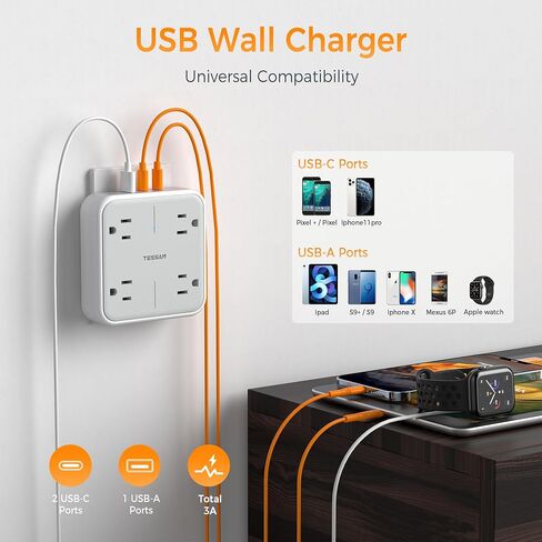 Multi Pluct Outlet Extender ، Tessan Surge Protector Splitter مع 3 USB (1 USB C Port) شاحن الحائط ، موسعات متعددة للسفر ، المنزل ، غرفة النوم الكلية in Saudi Arabia