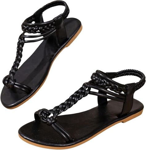 GORGLITTER Women's Braided Elastic Ankle Strap Flats Vacation Open Toe Leather Summer Sandals in Saudi Arabia