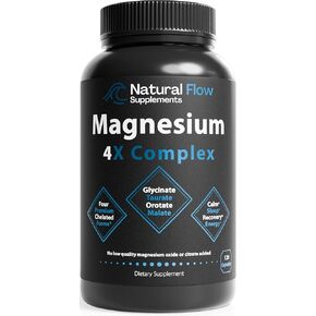 Natural Flow 4X Magnesium Supplement, Magnesium Taurate, Glycinate, Malate, Orotate Complex, Calm Sleep and Cramp Support Blend, No Mag Citrate or Oxide, 4 Caps - 400mg, 120 Capsules