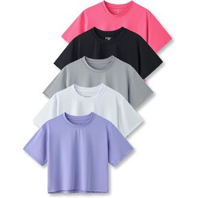 5 Pack: Women's Workout Crop Tops, Athletic Short Sleeve Gym Shirts Crew Neck Tees