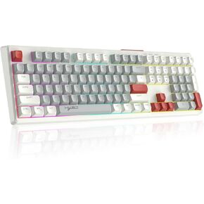 ATTACK SHARK Typewriter Keyboard with Full Size 108 Keys,Rainbow Light Up Pc Gaming Keyboards,Ergonomic Multimedia Wired Keyboard,Slilent Computer Keyboards for PC Laptop Desktop-Gray Red