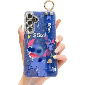 for Samsung Galaxy S24 Ultra Case with Wrist Strap Kickstand Cute Glitter Cartoon Camera Lens Protector Shockproof Protective Cover for Women Girls (Stitch 1)