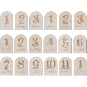 Baby Monthly Milestone Cards - Set of 9 Double-Sided Natural Wood Laser Engraved Signs, 4 Inch Arch Shape, Days Weeks Months Year Tracker