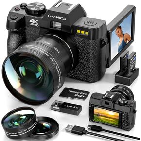 4K 48MP Digital Camera for Photography with Autofocus & Anti-Shake - YouTube Vlogging Camera, 3" 180° Flip Screen, 16X Zoom - Includes SD Card & 2 Batteries, Compact Camera for Teens (Black)