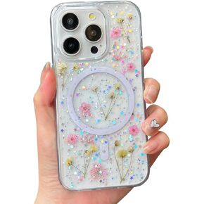 Cute Real Flowers for iPhone 16 Pro Max Case [Compatible with MagSafe] Glitter Magnetic Cover with Pressed Dried Floral Women Girly Phone Case for iPhone 16 Pro Max 6.9" - Clear Sparkly