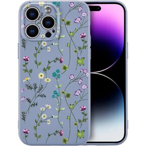 RALEAVO Floral Case for iPhone 14,Liquid Silicone Cover with Flower Branch Pattern Cute Phone Cover for Girls Women Slim Soft Rubber Protective Phone Case for iPhone 14 (6.1"),Green