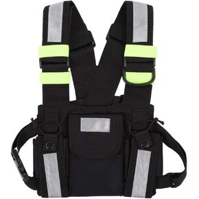 Radio Chest Harness Rig Holster Pack with Front Pouches Zipper Bag and Green Reflective Strips for Walkie Talkies Two Way Radio