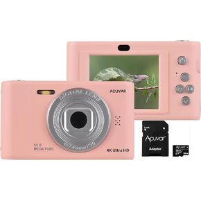 Acuvar 4K 50MP Digital Camera, Auto Focus Kids Camera Selfie with Front and Rear Dual Lenses, 64GB Card, 8X Digital Zoom, Compact Travel Vlogging Video Camera Gift for Kid Teen Beginner (White)