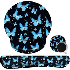 Ergonomic Mouse Pad with Wrist Support and Keyboard Wrist Rest Set [Plus Cup Coaster], Soft Gel Memory Foam, Easy Typing Pain Relief Combo for Computer Laptop Mac Office Home School - Blue Butterfly