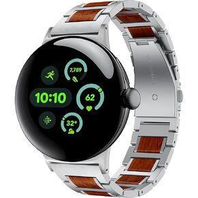 for Pixel Watch 3 Band, 22mm Wood Red Sandalwood Stainless Steel Accessory Compatible for Google Pixel Watch 3 45mm Band