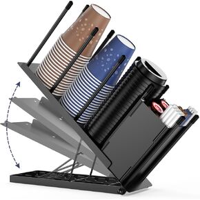 Adjustable 9-Compartment Coffee Cup and Lid Holder with Storage Basket for Pods and Straws - Perfect for Office, Coffee Stations, and Disposable Cups，Plastic Cups