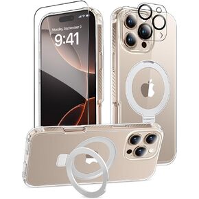 for iPhone 16 Pro Max Case, with Screen Protector + Camera Lens Protector, Built-in Seamless Stand, [Compatible with MagSafe] Protective Shockproof Phone Case, Cover for iPhone 16ProMax - Clear