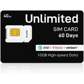 بطاقة SIM غير محدودة 10 جيجا بايت 60 يومًا عالية (بعد 256 كيلو بايت في الثانية) ، متوافقة مع AT&T و T-Mobile & Verizon ، مثالية لشبكة WiFi/Router/المحمولة المحمولة غير المقفلة ، بدون عقد ، لا تنشيط