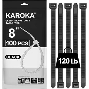 Zip Ties 8 inch Heavy Duty Zip Ties with 120 Pounds Tensile Strength, Black Cable Ties, 100 Pieces,by Karoka