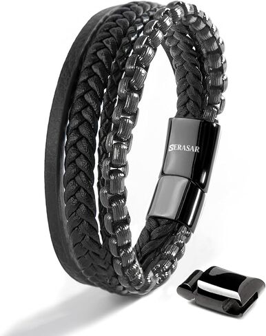 SERASAR Premium Leather Bracelet Men | Stainless Steel Magnetic Clasp | Three Colors | Jewelry Box Included in Kuwait