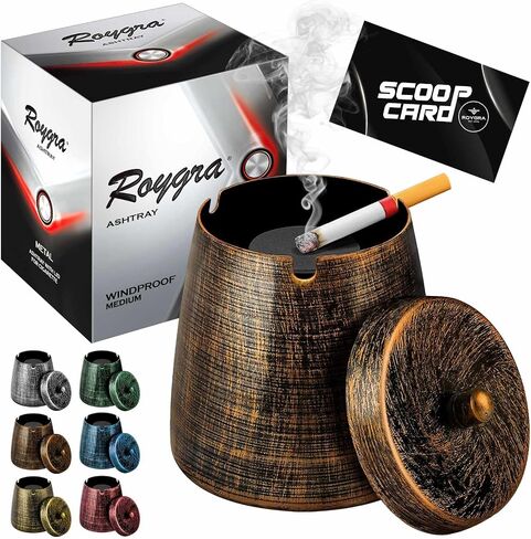 roygra Ashtray with Lid, Windproof Smokeless Odorless Metal Tabletop Ash Tray for Outdoor Indoor Home Office Patio Balcony Decoration – Bronze, Small (3.81 x 3.08 x 3.08’’) in Kuwait