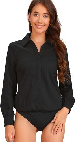 Allegra K Work Bodysuit for Women's Collared V Neck Polo Long Sleeves Button Casual Bodysuit Shirt in Saudi Arabia