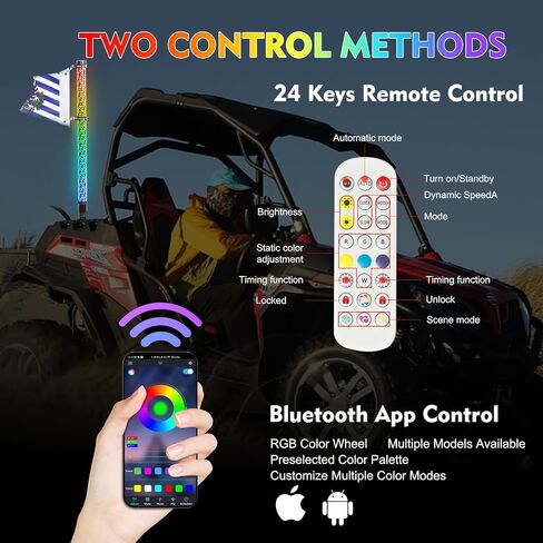 1PC 1FT Fat Whip Light, Spiral RGB LED Whip Light with APP & Remote Control, Lighted Antenna Whip for UTV ATV Offroad Truck Can-Am RZR in Saudi Arabia