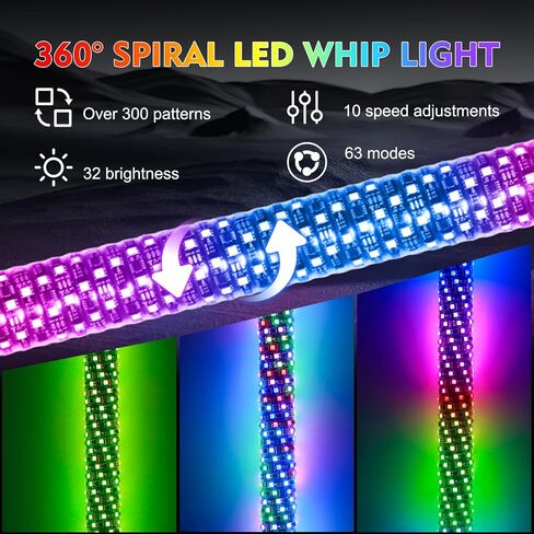 1PC 1FT Fat Whip Light, Spiral RGB LED Whip Light with APP & Remote Control, Lighted Antenna Whip for UTV ATV Offroad Truck Can-Am RZR in Saudi Arabia