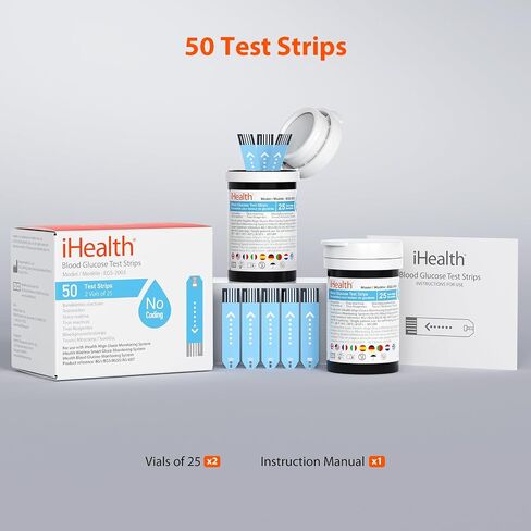 شرائط اختبار الجلوكوز في الدم من iHealth (50 قطعة)، لا يوجد اختبار ترميز لسكر الدم، مؤهلة للحصول على تعويض FSA، قياس دقيق للسكر لمرضى السكر، الشرائط تعمل فقط في أجهزة قياس الجلوكوز من iHealth in Kuwait