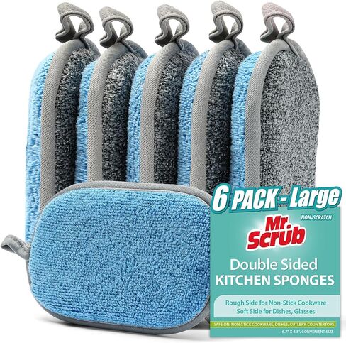 Sponges Kitchen Dish Sponge for Washing Dishes Cleaning Kitchen, All-Purpose, 6 Pack, Non Scratch, Rough Scrubbers Side for Non-Stick Cookware, Soft Microfiber Scrub Side for Dishes, Mr. Scrub in Kuwait
