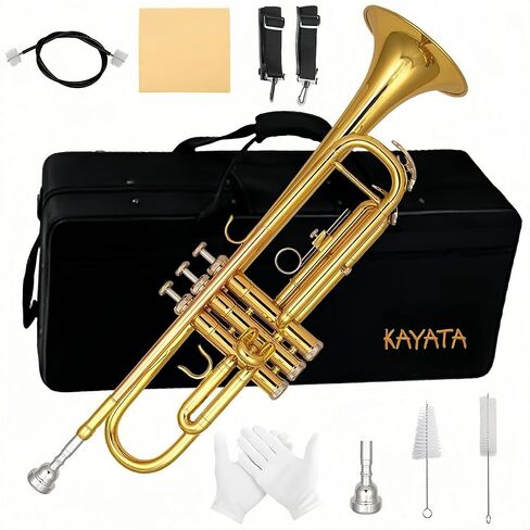 Gold Copper Trumpet with Phosphor Copper Leadpipe.Student/School Bb Trumpet .7C Mouthpiece,Cloth,Gloves,ABS Hard Shell BbTrumpet Case. (Black) in Kuwait