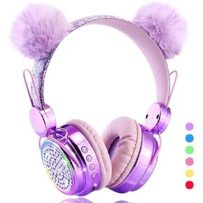 Kids Headphones Wireless Bluetooth 5.3 Colorful LED Lights Over-Ear 85dB Volume Limited Girls Headphones for Children/Teens/Gift/School/Tablet/Travel (Purple)