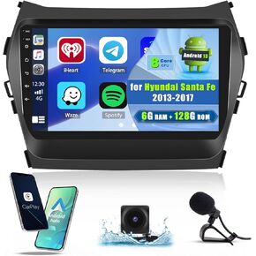 6G+128G Wireless Carplay Radio for Hyundai Santa Fe 2013-2017 with Android Auto, Hikity 9 Inch Android 13 Touch Screen Stereo with DSP BT 5.0 GPS Navigation WiFi