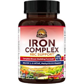 Vitalitown Iron 65 mg, Carbonyl Iron with 250 mg Vitamin C for Enhanced Absorption, Blood Builder & Energy Support for Iron Deficiency & Anemia, Less Constipation, No Gluten, Non-GMO, 60 Vegan Tablets