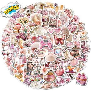 100pcs Girl's Pink Aesthetic Stickers, Vintage Retro Waterproof Vinyl Decal for Girl Teen Water Bottle Laptop Phone Adorable Decor Supplies Pink Party Suitable for Computer Skateboard Luggage
