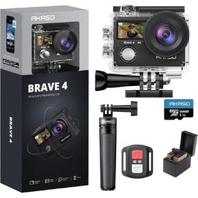 AKASO Brave 4 Action Camera with 64GB MicroSDXC Memory Card and Mini Selfie Stick Tripod