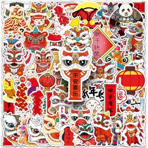 100 Happy New Year Stickers |Chinese Element Lunar New Year Decoration Chinese New Year Celebration Stickers for Cups Water Bottle Mobile Phone Laptop Waterproof Stickers