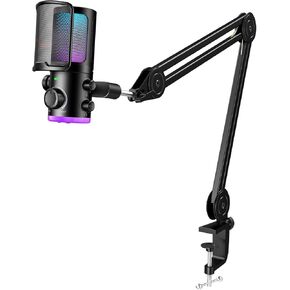 FIFINE Gaming PC Microphone Bundle with Arm Stand, USB Streaming Microphone with RGB, Noise Cancellation for Game Chat, Suspension Scissor Adjustable Boom Arm Set for Recording Podcasting(AM6+BM63)