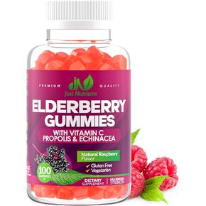Elderberry Sambucus Gummies with Vitamin C, Echinacea, Propolis (100 count) - Immune Support for Adults & Kids - Extra Strength, Great Tasting Raspberry Flavor - Gluten-Free, Vegan - 100 Gummies
