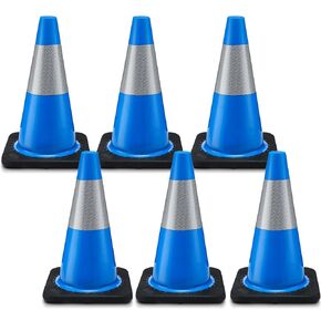 6 Pcs Traffic Safety Cones Plastic PVC Traffic Cones with Black Base and Reflective Collars Driving Cones for Street Hazards, Training, Road Construction, Parking Lot (Blue,18 Inch)