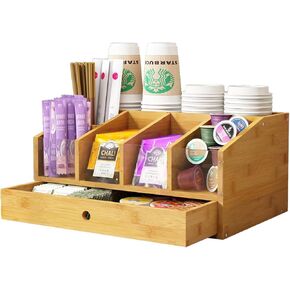 Coffee Station Organizer for Countertop Coffee Condiment Organizer, Office Coffee Station, Small Cute Coffee Bar Organizer – Bamboo & Wooden Storage with Removable Dividers & Drawer