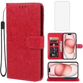 حالة iPhone 15 CASE 6.1 "، Apple 15 Wallet Case مع حامي شاشة زجاجي مقسى ، غطاء هاتف بطاقة ائتمان من Lace Pu Pu Pu PU in Kuwait
