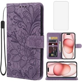 Case for iPhone 15 Case 6.1", Apple 15 Wallet Case with Tempered Glass Screen Protector, Lace Flower PU Leather Flip Credit Card Holder Phone Cover for iPhone 15 Red