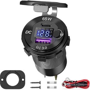 12V USB Outlet Charger, 65W PD USB-C Car Port and Quick Charge 3.0, Waterproof Aluminum Cigarette Lighter Replacement Car Socket with Voltmeter and Switch for RV Marine Golf Cart