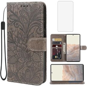 Case for Pixel 6 Case, Google 6 G9S9B Wallet Case with Tempered Glass Screen Protector, Lace Flower PU Leather Flip Credit Card Holder Phone Cover for Google Pixel 6 Gray