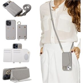 HANDODO Wallet Case Compatible iPhone 13,Women Vegan Leather Detachable Crossbody Phone case with RFID Blocking Card Holder Adjustable Strap Shockproof Kickstand Phone Wallet(Grey)