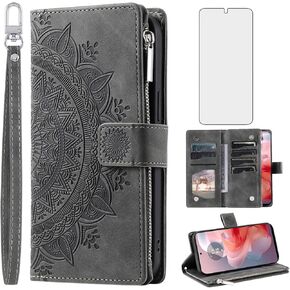 Phone Case for Motorola Moto G Power 5G 2024 Wallet Cover with Tempered Glass Screen Protector Wrist Strap Mandala Flower Leather Flip Zipper Credit Card Holder Slot Stand Cell G5 Women Men Red