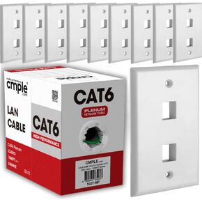 Cmple – Green Cat 6 Plenum Cable 1000ft 550MHz High-Speed + 2 Port Dual Keystone Faceplate 1 Gang Ethernet Wall Plate Standard Size for Networking, Supports RJ45 and HDMI – White Bundle
