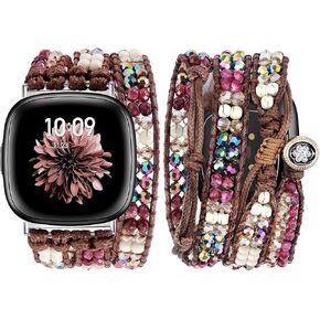JR.DM Boho Beaded Band Women for Fitbit Versa 4/Versa 3/Sense 2/Sense Bands Natural Stone Bracelet Adjustable Handmade Braided Strap Replacement Wristband