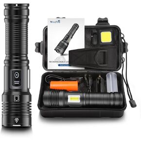 WINDFIRE Rechargeable Flashlight 200000 High Lumens, Super Bright Handheld with COB Side Light and 7 Modes, Waterproof, Powerful LED Flashlights Holster for Emergencies Camping Gift, Black