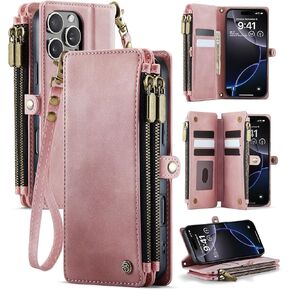 بالنسبة إلى iPhone 16 Pro (6.3 ") محفظة مع RFID حظر جيوب 2-Zipper وفتحات حامل البطاقة 8-Credit ، حزام معصم | خمر PU Leather Leath
